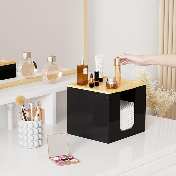 VITVITI Disposable Face Towel Holder Box, Acrylic Facial Towel Container for XL Clean Skin Club, Large Disposable Face Towel Storage with Bamboo Lid, for Bathroom, Vanity Makeup, Black