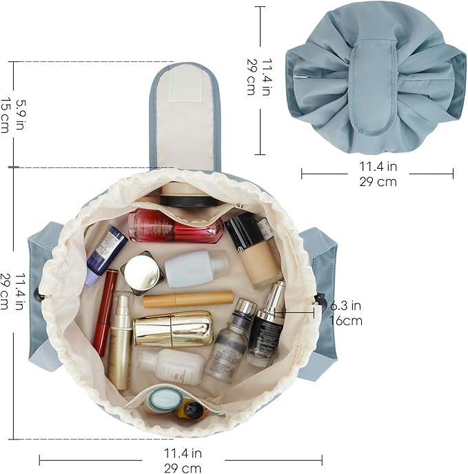 Narwey Barrel Drawstring Makeup Bag Large Floral Cosmetic Bag Make up Bags Toiletry Bag Travel Bags for Toiletries Organizer for Women Gift for Teen Girls (Greyish Blue) (Patent)