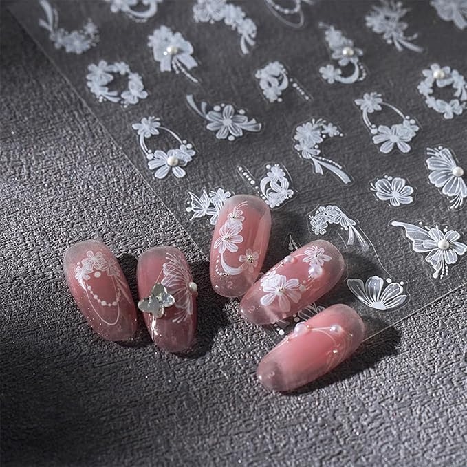 1 Sheets White Flower Nail Art Stickers Self Adhesive Bow Nail Stickers for Nail Art White Bows Floral Nail Decals with Pearl Design for Women Girl DIY Manicure Decor