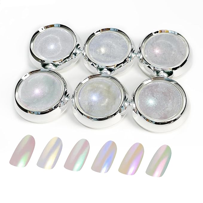 6 Pcs White Chrome Powder, Pearl Effect Nail Powder Shell Nail Glitter Dust Nail Powder with Magic Mirror Effect for Nail Art Design Decoration