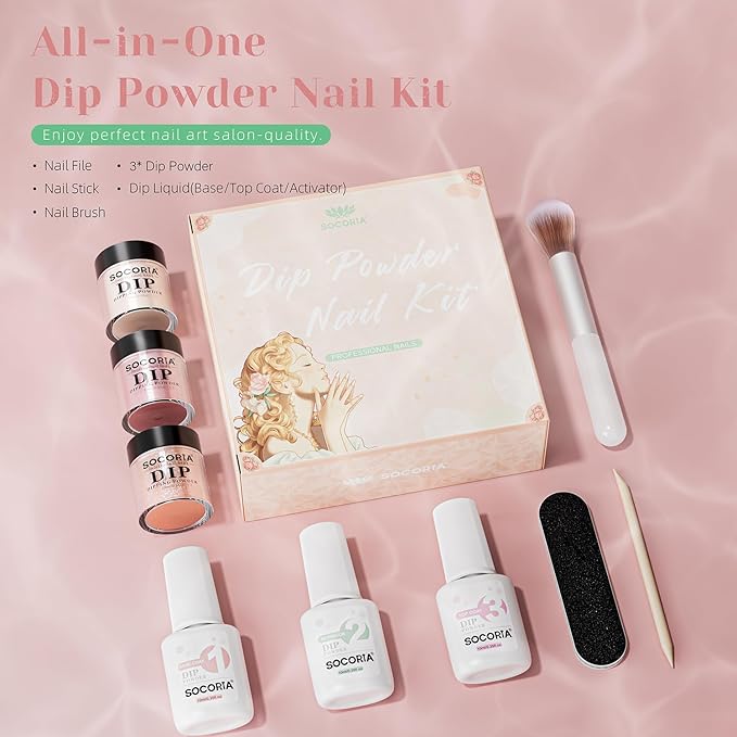 Dip Powder Nail Kit Starter, Skin Color Red Bean Paste Glitter Dipping Powder Liquid Set with Base Top Coat and Activator for Nail Art Manicure Salon DIY 9 Pcs