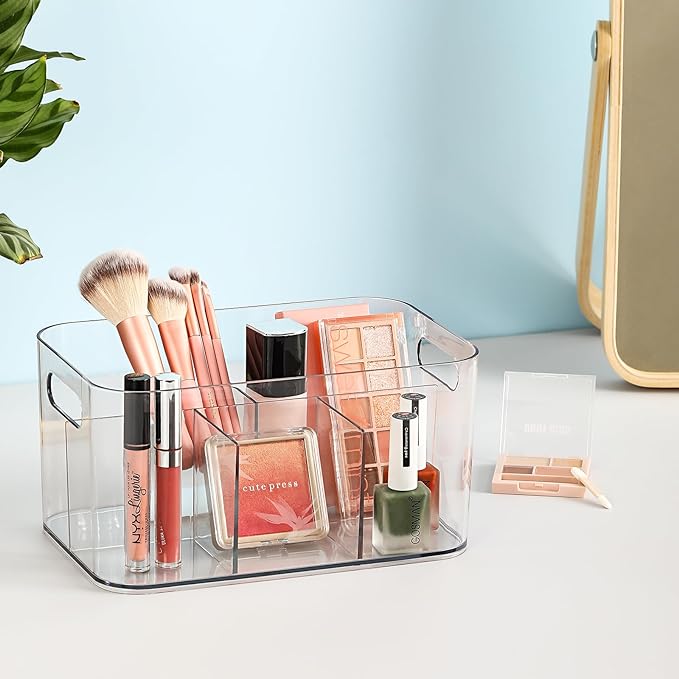 5-Compartment Clear Plastic Bin - Divided Art Supplies, Cosmetic Makeup Caddy Organizer - Multiuse Storage Container for Vanity, Bathroom, Kitchen, Office, Craft, Shower, Cleaning Items, (4 Pack)