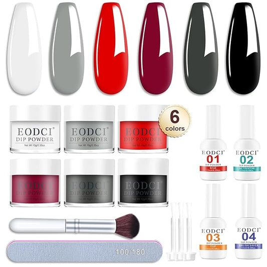 12 Pcs Dip Powder Nail Kit Starter, 6 Colors Red Black White Dipping Powder Kit With Base & Top Coat/Activator/Brush Saver, Nail Art Dip Manicure Kits for Women