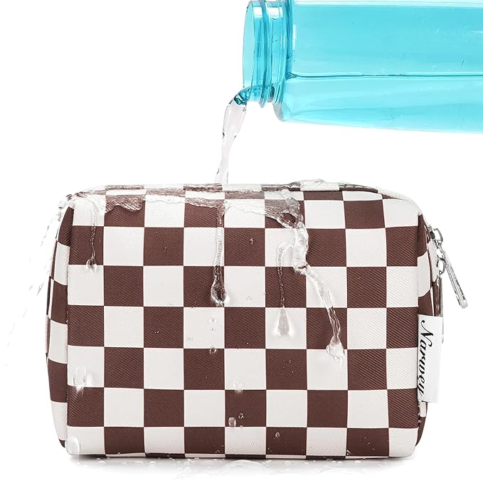 Narwey Small Checkered Makeup Bag for Purse Mini Cosmetic Bag Travel Makeup Pouch Zipper Pouch Cute Make up Bags with Compartments for Women Girls (Dark Checkerboard, Small)