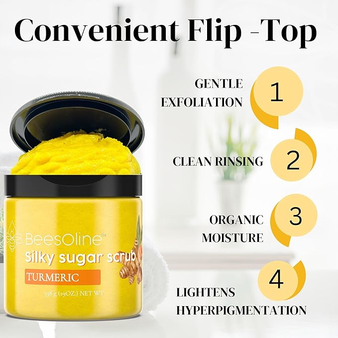 Silky Sugar Scrub by BeesOline - Premium Fine Cane Sugar | Turmeric - Extra Large 20oz, Convienent Flip-Top Lid, Organic Sunflower Oil & COCONUT OIL for Smooth Gentle Exfoliation