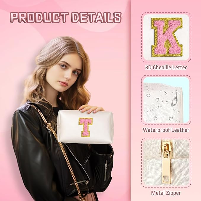 TOPEAST Preppy Small Makeup Bag, Chenille Letter Pouch Cosmetic Bag With Zipper, PU Leather Waterproof Toiletry Bag, Personalized Birthday Gift for Women, Cute Stuff for Girls (Pearly White D)