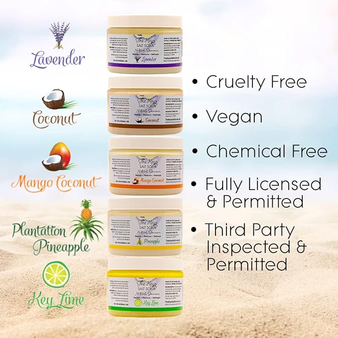 The Keys Salt Scrub - Exfoliating Body Scrub - scrub for hands, feet, butt, booty, bikini area, Made with Pure Florida Sea Salt Organic Essential Oils with Spoon(Pineapple, Travel Size, 3 pack 3.4 oz)