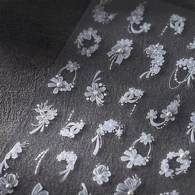 1 Sheets White Flower Nail Art Stickers Self Adhesive Bow Nail Stickers for Nail Art White Bows Floral Nail Decals with Pearl Design for Women Girl DIY Manicure Decor