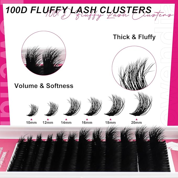 Lash Clusters Kit Fluffy 100D Individual Lashes D Curl Cluster Eyelash Extensions 10-18mm DIY Lash Extension Kit Lash Bond and Seal Waterproof, Lash Applicator, Thick False Eyelashes Kit