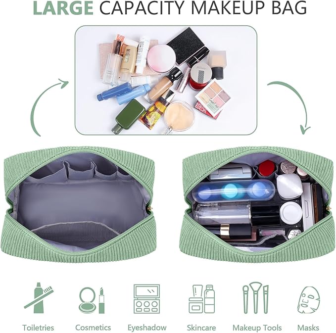 MAGEFY Small Makeup Bag for Purse Portable Makeup Pouch with Compartments Corduroy Make up Bag for Women Travel Cosmetic Essential (Green, FACE)