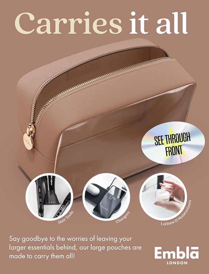 Embla Clear Cosmetic Bag Makeup Case, Clear Zipper Make Up Pouch and Toiletry Travel Tote, Cute Skincare Pouches for Women Girls, Preppy Purse Cosmetic Organizer, Large Makeup Bags, Mocha Mousse