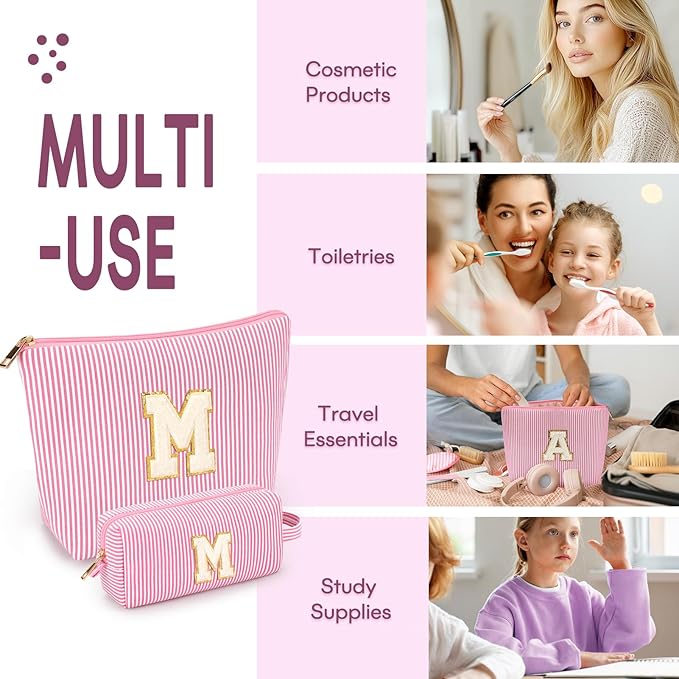 mibasies 2 PCS Initial Makeup Bags: Mothers Day Gifts for Women - Best Friend Birthday Gifts Graduation Gifts Wedding Bridesmaid Girlfriend Wife Daughter Sister Girl Gifts - Pink M