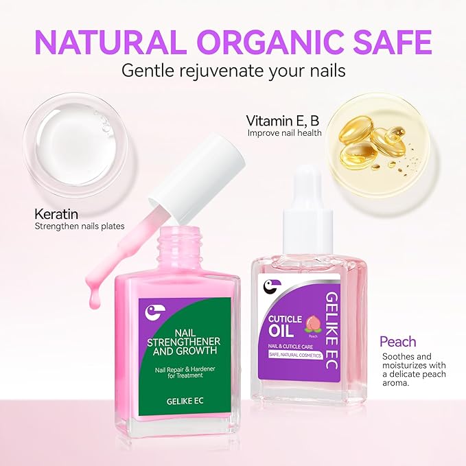 Gelike EC Nail Care Gift Set: Pink Fingernail Strengthener & Peach Cuticle Oil 15ml - Cute & Fruity Manicure Set for Thin Peeling Nails - Women Mom Girlfriend Teens Girls Favorite