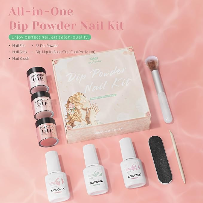 Dip Powder Nail Kit Starter, Light Red Light Purple Skin Color Dipping Powder Liquid Set All Seasons with Base Top Coat and Activator for Nail Art Manicure Salon DIY at Home 9 Pcs