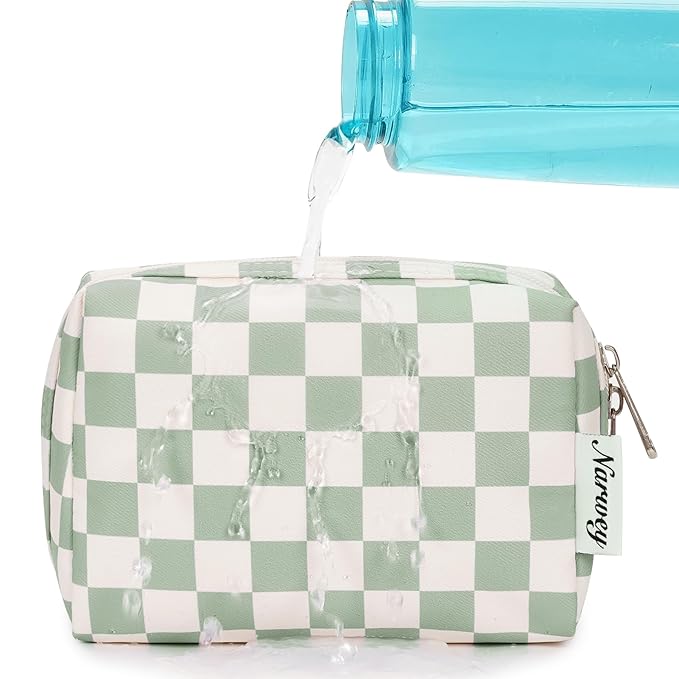 Narwey Small Checkered Makeup Bag for Purse Mini Cosmetic Bag Travel Makeup Pouch Zipper Pouch Cute Make up Bags with Compartments for Women Girls (Mint Green Checkerboard, Small)
