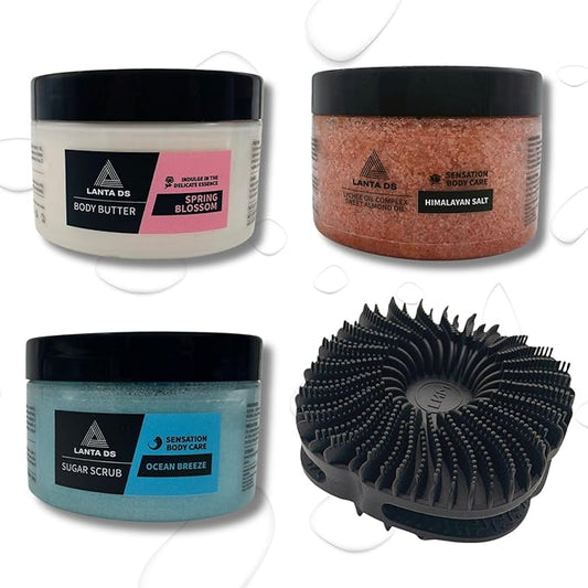 LANTA DS- 4 in 1 Shower Wellness Set - Silicone Body Scrubber/Sugar Scrub/Himalayan Salt Scrub/Body Butter/Exfoliating Pack - All Skin Types - Self Care Shower Brush