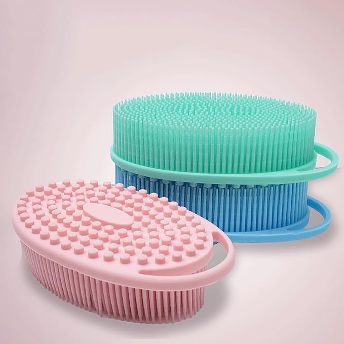 1 Pcs Silicone Bath Brush, Dual-Sided Massage Shower Brush, Suitable for Scrubbing, Suit for Kids & Adults, Household Soft Silicone Bathing Tool, Gentle & Non-Irritating (Pink)