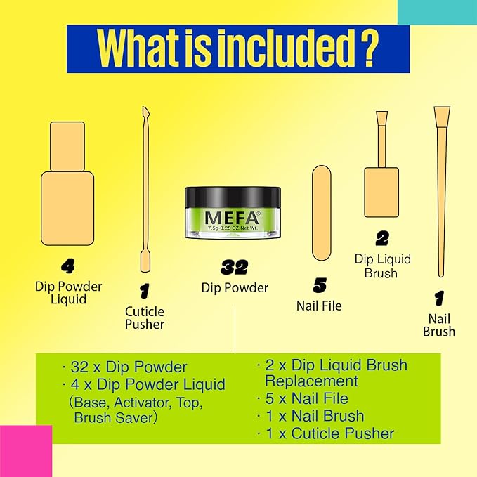 MEFA Dip Powder Nail Kit 32 Colors Spring Summer, Hot Pink Pastel Violet Neon Orange Glitter Shimmery Dipping Powder with Base Top Coat Activator Brush Saver Liquid Set French Nail Art Manicure Salon
