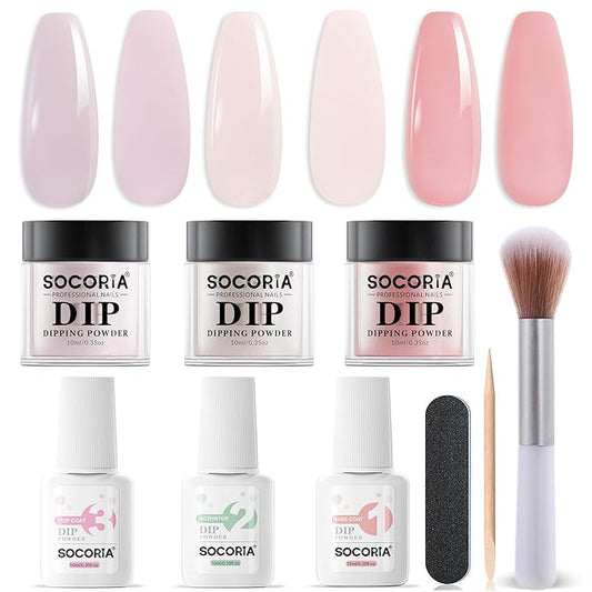 Dip Powder Nail Kit, Light Red Light Purple Skin Color Dipping Powder Liquid Set All Seasons with Base Top Coat and Activator for Nail Art Manicure Salon DIY at Home 9 Pcs