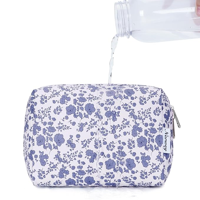 Narwey Cute Floral Makeup Bag Travel Cosmetic Bag Organizer Toiletry Bag Make Up Bags with Organized Pocket for Women Girls (Large, Little Grayish Blue Flower)
