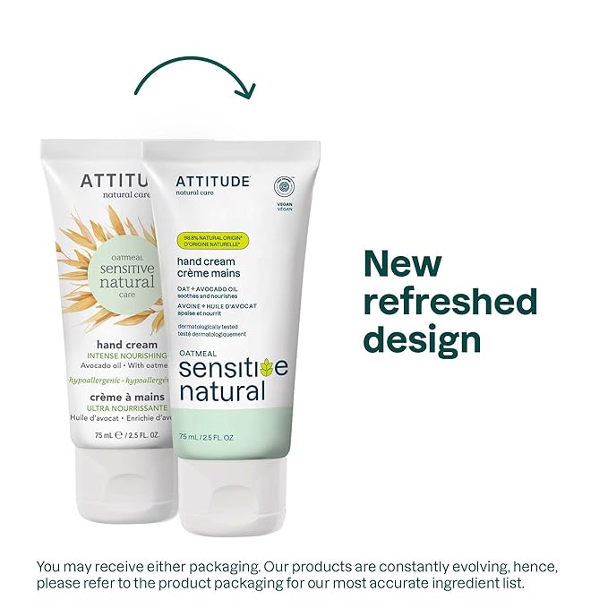 ATTITUDE Hand Cream for Sensitive Skin with Oat, EWG Verified, Dermatologically Tested, Vegan, Avocado Oil, 2.5 Fl Oz