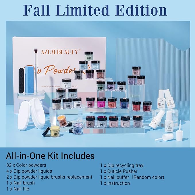 AZUREBEAUTY Dip Powder Nail Kit - 32 Colors, All Season Color Series Starter Kit - Dip System Essential Liquid, Recycling Tray Set for French Nail Art Manicure Salon DIY Home