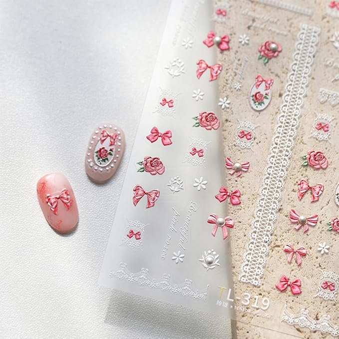 1 Sheets Embossed Pink Bow Nail Stickers for Nail Art 5D Self Adhesive Flower Nail Art Stickers with Pearl Design Pink Bows Floral Nail Decals White Small Flowers for Women DIY Manicure Decor