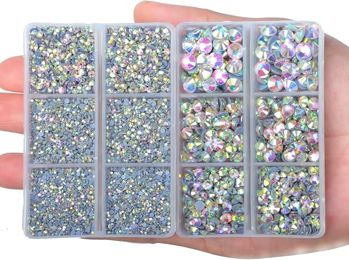 10000Pcs 2-Boxes Mixed Size Hot Fix Round Crystals Gems Glass Stones Hotfix Flat Back Rhinestones with Tweezers and Picking Pencil (Crystal AB)