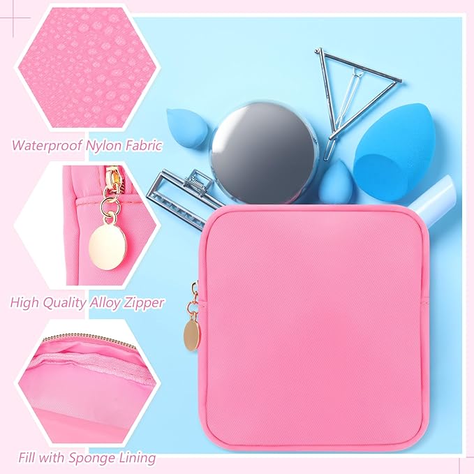 Kacctyen 12 Pcs Mini Makeup Bag Nylon Small Pouch for Purse Mini Square Nylon Pouch with Zipper Small Cosmetic Travel Makeup Bag Purse Organizer for Women(Pink Color,Regular)