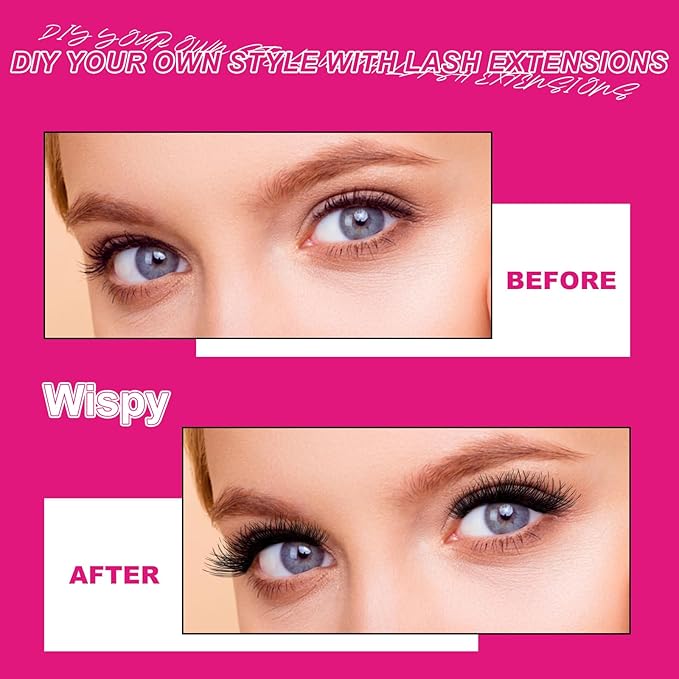 Lash Clusters Kit Fluffy Individual Lashes D Curl Cluster Eyelash Extensions 10-18mm DIY Lash Extension Kit Lash Bond and Seal Waterproof, Lash Applicator, Wispy-Kit