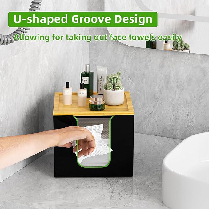 VITVITI Disposable Face Towel Holder Box, Acrylic Facial Towel Container for XL Clean Skin Club, Large Disposable Face Towel Storage with Bamboo Lid, for Bathroom, Vanity Makeup, Black