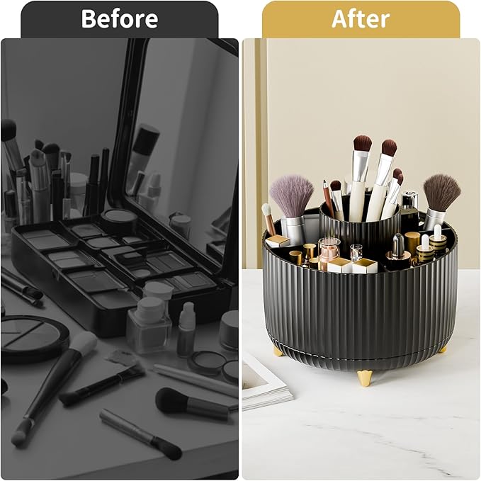 360° Rotate Makeup Brush Holder Organizer, Makeup Organizers Countertop, Makeup organization and Skincare Storage with Gift Box Packing for Vanity, Desktop, Bathroom (Black)