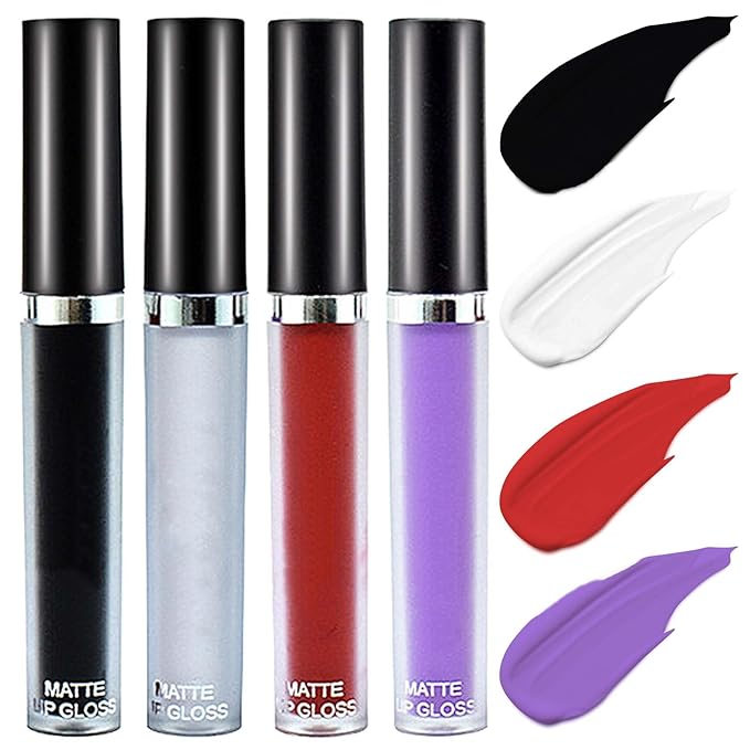 4 Pcs Black White Red Purple Matte Liquid Lipstick Sets,Highly Pigmented Nude Lipstick Lip Stain,Matte Lipstick for Women Lip Gloss Gift Set,Waterproof Long Lasting Smudge Proof Matte Finish