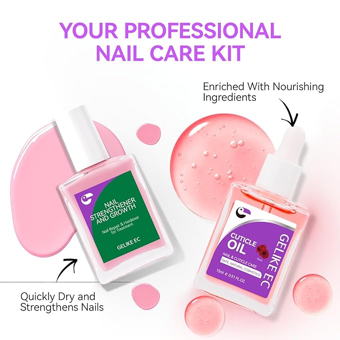 Gelike EC Colorful Nail Growth Kit: Pink Nail Hardener & Rose Nail Growth Oil Set - Strengthen Brittle Nails with Floral Scent - Natural Acrylic Formula - Gift for Women Brides