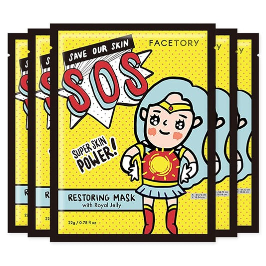 FACETORY K Beauty Face Mask Skin Care - SOS SAVE OUR SKIN RESTORING Sheet Mask with Royal Jelly & Aloe | Calm Inflammation, Dewy Skin (5 Pack)