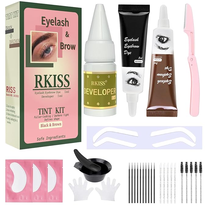 RKISSBEAUTY (Black and Brown) Eyelash & Eyebrow Color Kit - Long Lasting 8 Weeks/Home or Salon Use/Up to 8 Applications/with Brush/Safe & Easy to Use