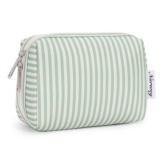Narwey Small Striped Makeup Bag for Purse Mini Cosmetic Bag Travel Makeup Pouch Zipper Pouch Cute Make up Bags with Compartments for Women Girls (Mint Green Stripe, Small)
