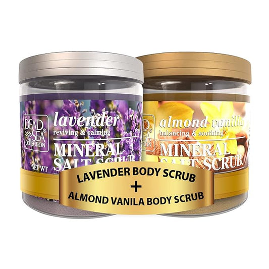 Bundle-Dead Sea Collection Salt Body Scrub -2 X Large 23.28 OZ -Body Scrub Almond Vanilla+ Body Scrub Lavender - Exfoliating Effect - Includes Organic Essential Oils and Natural Dead Sea Minerals