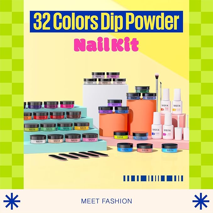 MEFA Dip Powder Nail Kit 32 Colors Spring Summer, Hot Pink Pastel Violet Neon Orange Glitter Shimmery Dipping Powder with Base Top Coat Activator Brush Saver Liquid Set French Nail Art Manicure Salon