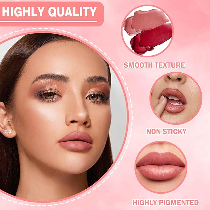 3PCS Matte Nude Lipstick Velvet Nude Lip Gloss Non-Drying, Non-Fading, Non-Stick Cup, Matte Lip Stain Long Lasting Waterproof Lipstick for Women Girls Lip Makeup-Set B