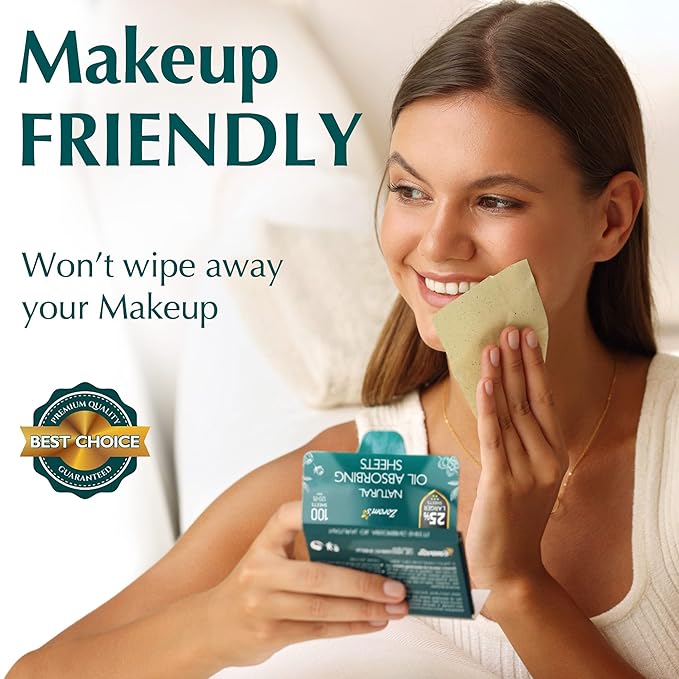 Natural Green Tea Oil Blotting Sheets for Face - 25% Larger - 100 Makeup Friendly Blotting Papers for Face - Easy Dispensing Oil Absorbing Sheets