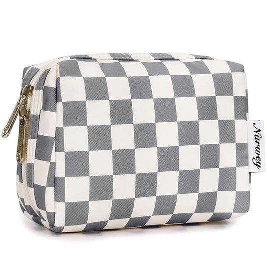 Narwey Small Checkered Makeup Bag for Purse Mini Cosmetic Bag Travel Makeup Pouch Zipper Pouch Cute Make up Bags with Compartments for Women Girls (Grayish Blue Checkerboard, Small)