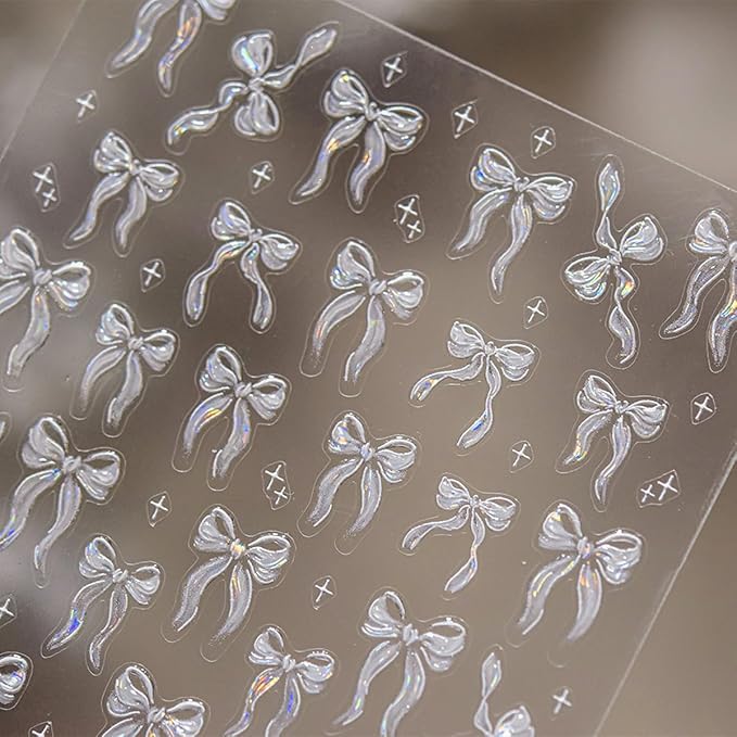 1 Sheets 5D Embossed Nail Stickers for Nail Art Self Adhesive White Bow Nail Art Stickers Cute Bows Nail Decals Bow Nail Design Supplies for Women Girl DIY Nail Decoration