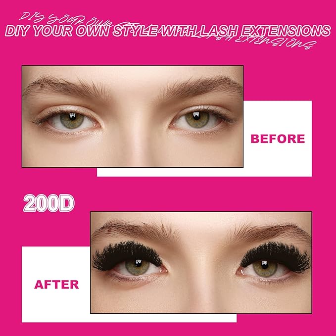 Lash Extension Kit Lash Clusters 200D Lash Bond and Seal Individual Fluffy Eyelashes Kit at Home, Black