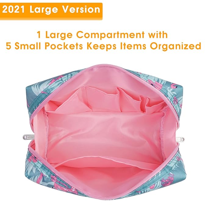 Narwey Cute Makeup Bag Travel Cosmetic Bag Organizer Toiletry Bag Make Up Bags with Compartments for Women Girls (Large, Flamingo)