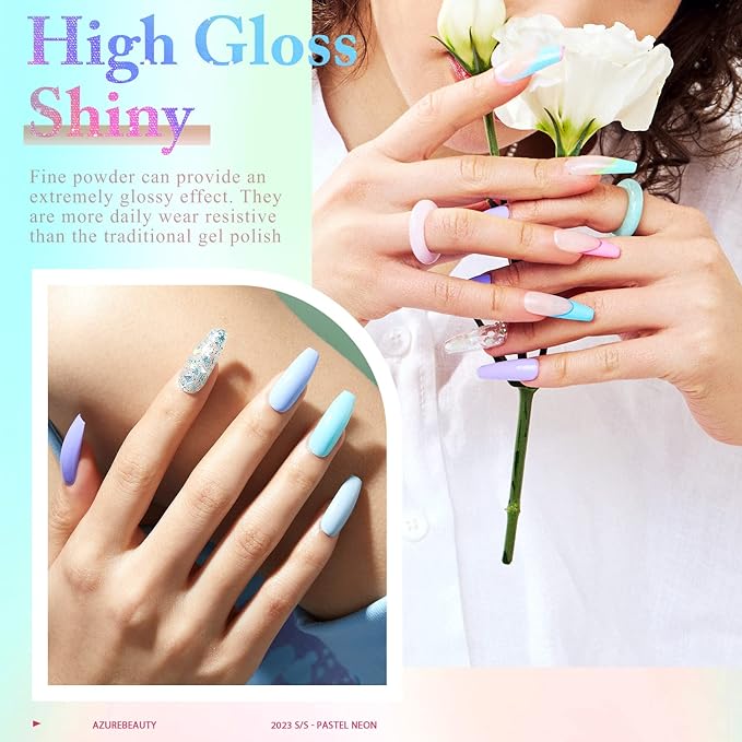 AZUREBEAUTY Spring Summer Bright Pastel Neon Color 42 Pcs Dip Powder Nail Kit, Pink Yellow Purple Mint Green Color Dip Nails Powder Starter Set with Essential Liquid Recycling Tray Nail Manicure