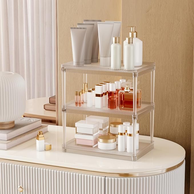 3-Tier Makeup Cosmetic Organizer Shelf Multifunctional Vanity Storage Rack for Cosmetics, Skincare, Beauty Products, Spice Organizer Shelf for Bathroom, Bedroom, Kitchen, Frosted Clear