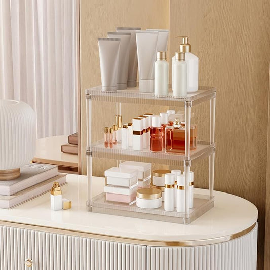 3-Tier Makeup Cosmetic Organizer Shelf Multifunctional Vanity Storage Rack for Cosmetics, Skincare, Beauty Products, Spice Organizer Shelf for Bathroom, Bedroom, Kitchen, Frosted Clear