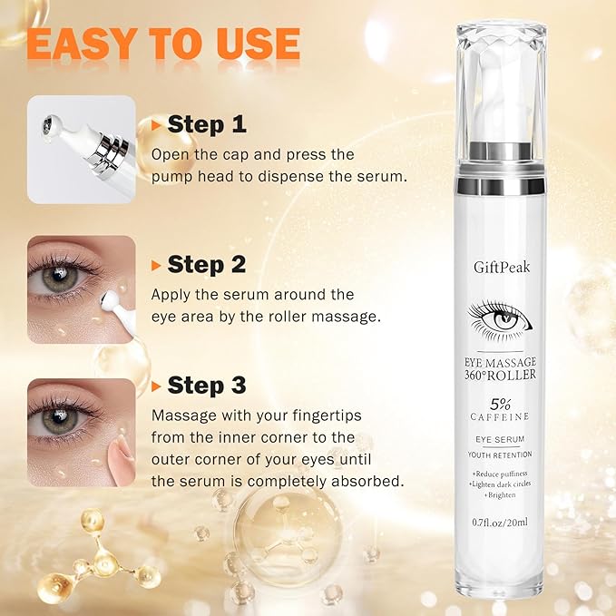 Caffeine Eye Serum for Dark Circles,Eye Serum Roller Eye Skin Care for Puffy Eye Bags Fine Lines Dark Circles Wrinkles Under Eye Cream For Women & Men 0.5 fl. oz