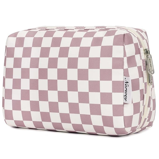 Narwey Checkered Makeup Bag Pink Travel Cosmetic Bag Organizer Toiletry Bag Make Up Bags with Compartments for Women Girls (Large, Dusty Rose Checkerboard)